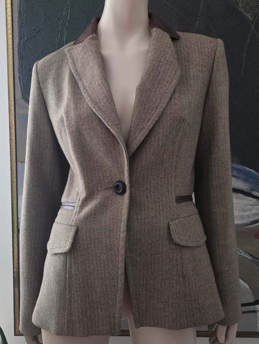 Iris Setlawe | Herringbone Tweed Blazer with Leather Trim